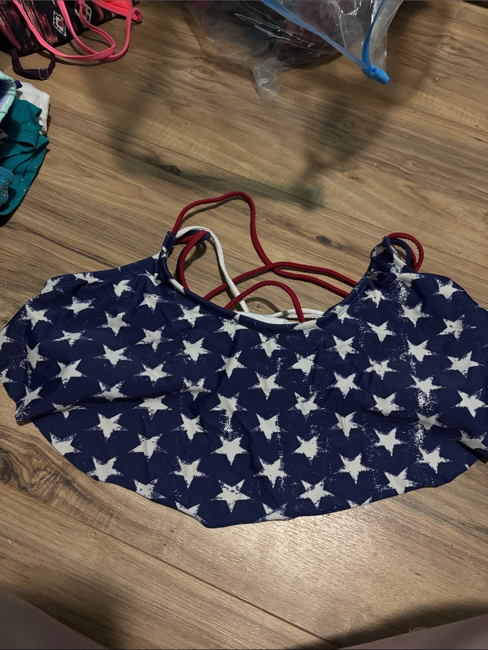 Source Unknown Navy Star Print Swim Top with Red Straps
